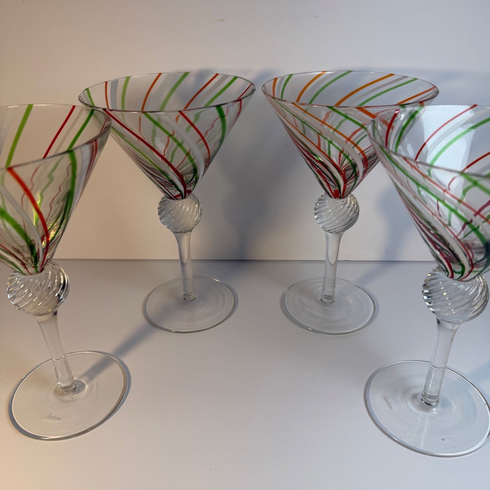 Eastern Art Glass Martini Glasses Set of 4 Red Green White Swirl Retro Barware